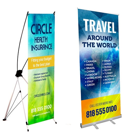 banners-side-by-side X frame banner and window shade retractable banner